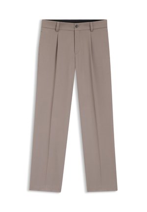 Lysebrune herrebukser med bæltestropper, plisseringer, knaplukning foran og lynlås, lagt fladt på en hvid baggrund.