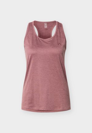 Mouwloos atletisch tanktop in stofroze met racerback-ontwerp, lichte melange textuur en klein logo op de linkerborst.