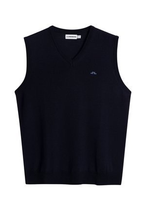 Schwarze, ärmellose Strickweste mit V-Ausschnitt, kleinem gesticktem Logo auf der linken Brust und gerippten Bündchen und Kanten.