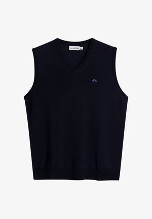 Zwarte, mouwloze, V-hals gebreide vest met een klein geborduurd logo op de linkerborst en geribbelde zoom en randen.