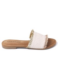 Woven white slide sandal with textured upper, accented by gold trim. Comfortable flat sole with a suede-like insole.