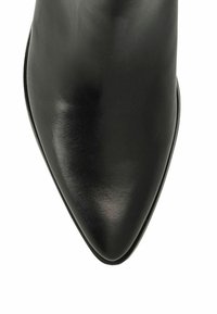 Zwarte leren enkelboot met een puntige neus en een gladde afwerking. Minimalistisch ontwerp, geen zichtbare hardware en een slanke silhouet.