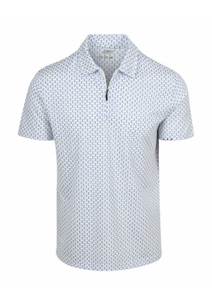 Witte polo met korte mouwen, een blauw geometrisch doolhofachtig patroon en een kraag met een halve rits.