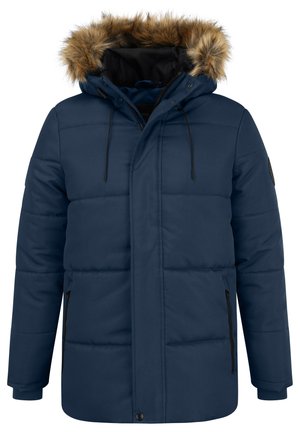Navyblauwe gewatteerde winterjas met een afneembare faux-fur capuchon, rits aan de voorkant en twee zijzakken; heeft verstelbare trekkoorden en een gewatteerde stof.