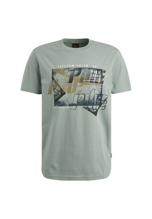 Lichtgroen katoenen T-shirt met een ronde hals, voorzien van een grafische print in zwart en goud, met de tekst "Freedom Unlimited" en "P.N.F."