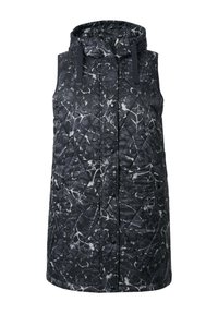 Veste sans manches à capuche matelassée avec un motif marbré noir et gris, dotée de boutons-pression à l'avant et de deux poches latérales.