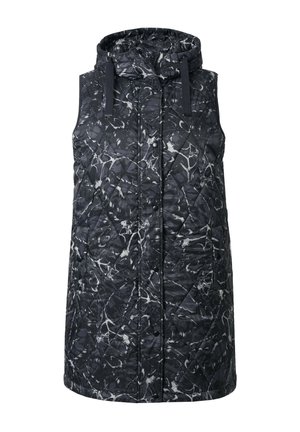 Veste sans manches à capuche matelassée avec un motif marbré noir et gris, dotée de boutons-pression à l'avant et de deux poches latérales.