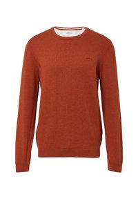 Crewneck-Pullover in Rostorange, aus weichem Strickstoff gefertigt. Verfügt über lange Ärmel und gerippte Bündchen, mit einem kleinen Logo auf der Brust.