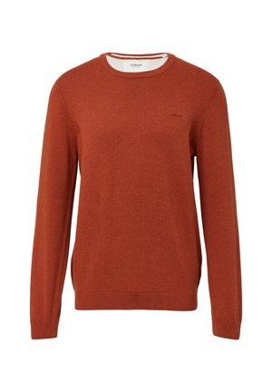 Crewneck-Pullover in Rostorange, aus weichem Strickstoff gefertigt. Verfügt über lange Ärmel und gerippte Bündchen, mit einem kleinen Logo auf der Brust.