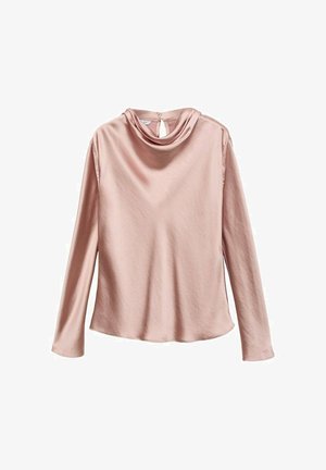 Långärmad topp i mjukt, ljusrosa tyg med en draperad cowl-halsringning och nyckelhål bakstängning. Slät textur, avslappnad skärning och lös passform.