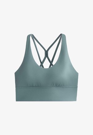 Lichtblauwe sportbeha met dunne, gekruiste bandjes aan de achterkant en een brede elastische band aan de onderkant.