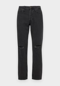 Svarta raka jeans med slitna knäningar, femficksdesign, bältesömmar och knäppning med dragkedja i midjan.