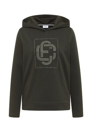 Olivgrön hoodie med långa ärmar, med en grafisk design i ljusa nyanser, ribbade muddar och huva med dragsko.