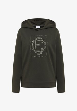 Olivgrön hoodie med långa ärmar, med en grafisk design i ljusa nyanser, ribbade muddar och huva med dragsko.
