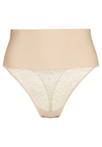 Beige lace lingerie with a high-waisted design. The top is smooth fabric, while the bottom features a floral lace pattern.
