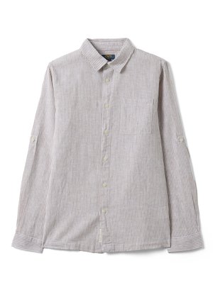 Knopfhemd mit langen Ärmeln, vertikal beige-weißen Streifen, Brusttasche vorne und Standardkragen, flach auf weißem Hintergrund ausgelegt.