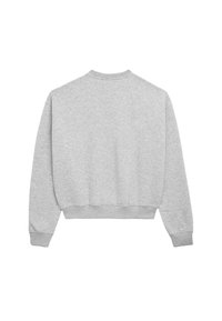 Grijze katoenen sweatshirt met een ronde halslijn, lange mouwen en ribgebreide boorden en zoom. Glad textuur, minimalistisch ontwerp; geen grafische elementen of patronen.