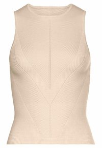 Top sin mangas de canalé color beige que presenta un diseño ajustado con líneas verticales texturizadas y un patrón de punto en forma de V en la parte frontal.