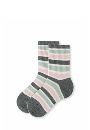 Coppia di calzini di media lunghezza con tessitura a coste e strisce orizzontali in grigio, rosa, verde e bianco su sfondo bianco.