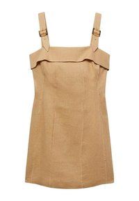 Robe en lin marron clair avec encolure carrée, bretelles ajustables et coutures apparentes. Silhouette simple et droite sans ornement supplémentaire.