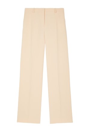 Beige bukser med høj talje og vide ben med bæltestropper og lynlåslukning foran, vist mod en hvid baggrund.