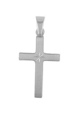 Pendentif croix en argent avec une finition brossée, présentant un sommet pointu et un design en éclat central pour plus de détails.