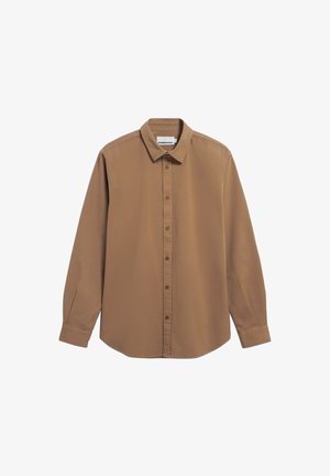 Camicia marrone a maniche lunghe realizzata in tessuto di cotone liscio. Presenta un colletto con bottoni, una pattina frontale completa e un piccolo logo ricamato sul petto.