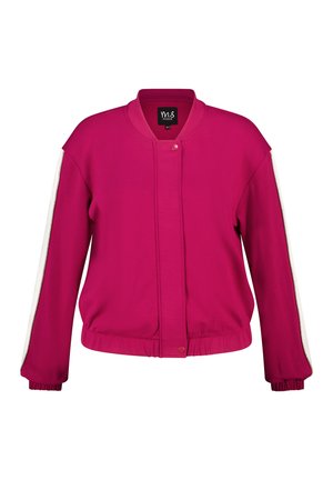 Fuchsia bomberjack met witte zijstreepjes, ritszakken, geribde manchetten en een ronde kraag. Gemaakt van een soepele, lichtgewicht stof.