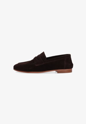 Dark brown suede penny loafer with low wooden heel and moc toe stitching, shown in side profile on white background.