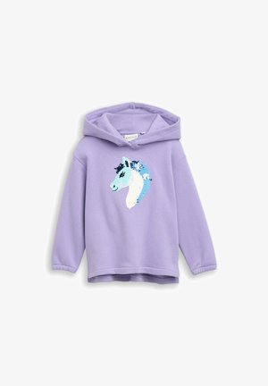 Fliederfarbenes Kinder-Kapuzensweatshirt mit langen Ärmeln und einem blauen und weißen Pailletten-Pferdekopf auf der Vorderseite.