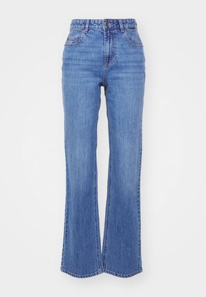 Augstas jostas zila džinsu bikses ar plašu kāju dizainu, kas piedāvā rāvējslēdzēja aizdari, piecas kabatas un nodilušu tekstūru ikdienišķam izskatam.