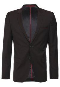 Bruine blazer met een notch-lapel, twee knopen en zijzakken. Het interieur heeft een zwarte voering met een contrasterende rode piping detail.