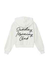 Weiße, gekürzte Kapuzenjacke mit einer vorderen Kängurutasche, auf dem Rücken befindet sich ein schwarzer, geschwungener Aufdruck "Sunday Morning Club", sowie gerippte Bündchen und Saum.