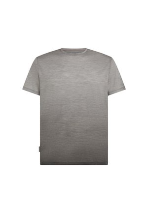 Camiseta de manga corta con cuello redondo en gris claro con una textura horizontal sutil y una pequeña etiqueta lateral en el dobladillo.