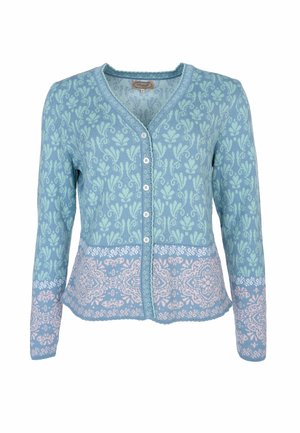 Hellblaues Strickjacke mit floralem Muster, V-Ausschnitt, langen Ärmeln und rosa Akzenten am Saum und an den Bündchen. Fünf Knöpfe auf der Vorderseite.