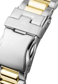 Pulsera de reloj Jacques Lemans que presenta enlaces alternos de plata pulida y tono dorado, con un clasp de plata cepillada y logotipo grabado.