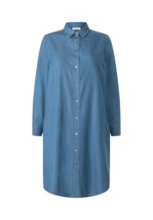 Długa sukienka koszulowa z długim rękawem, wykonana z denimu, z kołnierzykiem w szpic i widocznymi białymi guzikami z przodu.