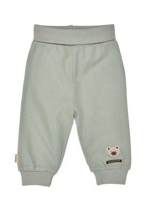 Light green textured baby pants with elastic waistband and cuffs, featuring a small bear face patch and "you are loved" text near the ankle.