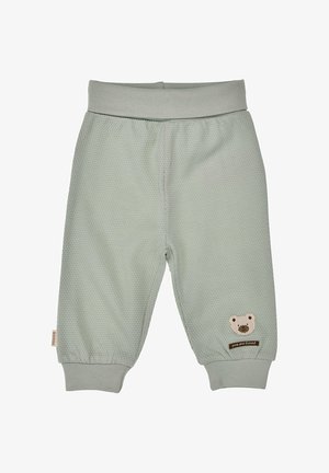 Light green textured baby pants with elastic waistband and cuffs, featuring a small bear face patch and "you are loved" text near the ankle.