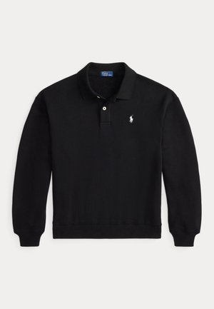 Black long-sleeve polo shirt with ribbed cuffs, two-button placket, and small white embroidered logo on left chest.