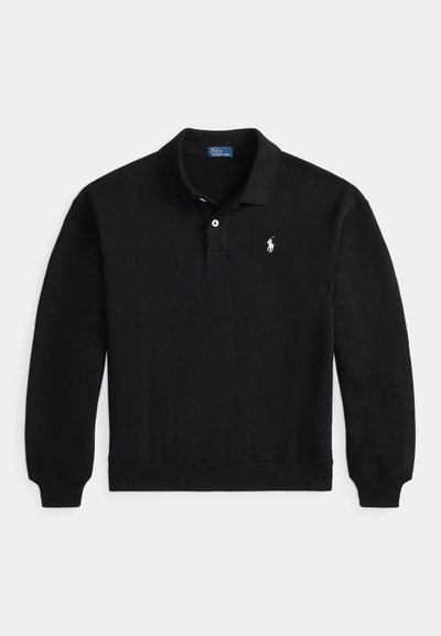 Black long-sleeve polo shirt with ribbed cuffs, two-button placket, and small white embroidered logo on left chest.