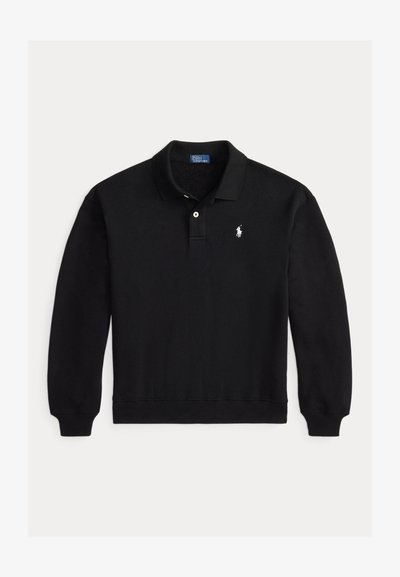 Black long-sleeve polo shirt with ribbed cuffs, two-button placket, and small white embroidered logo on left chest.