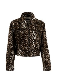 Giacca corta con stampa leopardata, zip frontale, tasche sul petto con pattina e maniche lunghe.