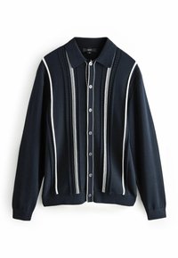 Navy blue long-sleeve button-up cardigan with white vertical stripes and textured knit patterns, featuring a collar and ribbed cuffs and hem.