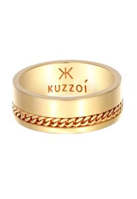 Guldring med en glat band og et centralt kædeled design. Indgraveret logo "KUZZOÍ" indeni. Poleret finish.