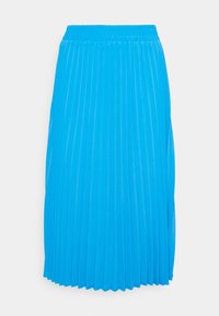Falda plisada hasta la rodilla en un tejido azul brillante. Cuenta con una cinturilla elástica y una textura suave, con un diseño fluido.