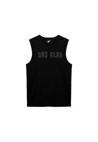 Zwart mouwloos sporttanktop met "RUN CLUB" in grote witte letters op de borst gedrukt. Soepele textuur, ronde halslijn.