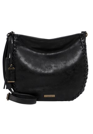 Schwarze Leder-Schultertasche mit geflochtenen Kanten, verstellbarem Riemen, Quasten-Detail und kleinem rechteckigem Metall-Branding auf der Vorderseite.