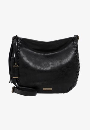 Czarna skórzana torba na ramię z plecionymi krawędziami, regulowanym paskiem, detalem z chwostem oraz małą prostokątną metalową tabliczką marki z przodu.