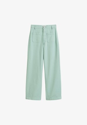 Helle grüne, weite Baumwollhosen. Mit einem Taillenbund mit Knopfverschluss und zwei hinteren Taschen mit gestickten Konturen.